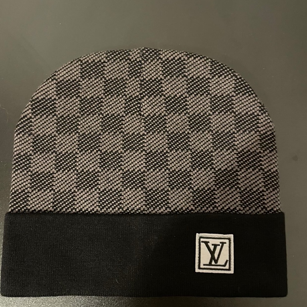 Louis Vuitton Black and Gray Checkered Knit Hat